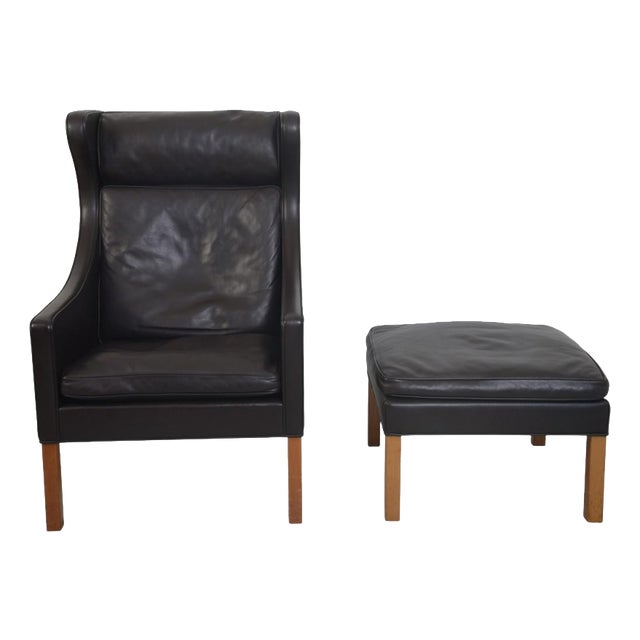 Set of Wing Chair with Ottoman in Black Leather by Børge Mogensen, 1990s For Sale
