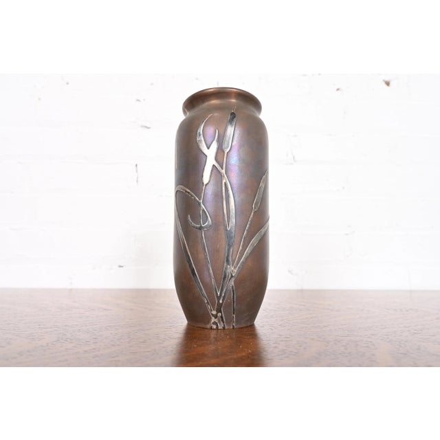Heintz Arts & Crafts Sterling Silver on Bronze Vase With Cattail Motif For Sale In South Bend - Image 6 of 12