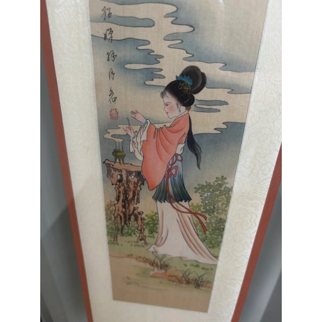 Vintage Chinese Watercolor Framed Art Geisha Girl Burning Incense For Sale - Image 4 of 6