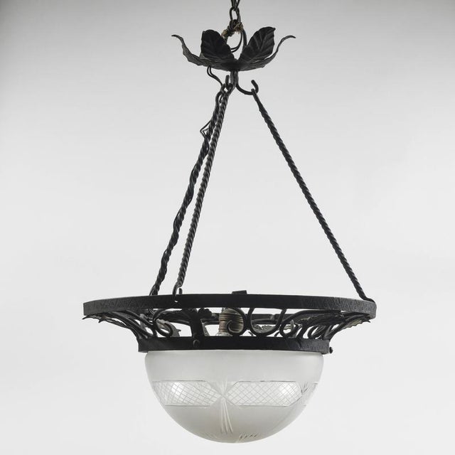 1930s Art Nouveau Iron Pendant with Glass Hood For Sale - Image 5 of 9