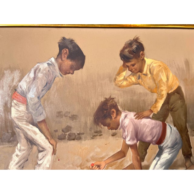 1960's Menoolla Children Playing Marbles Oil on Canvas Painting For Sale - Image 9 of 11