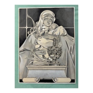 1940s Original Signed Graphite Illustration of Madonna and Child With Sanctuary Lamp, 11 × 8.5 In. For Sale
