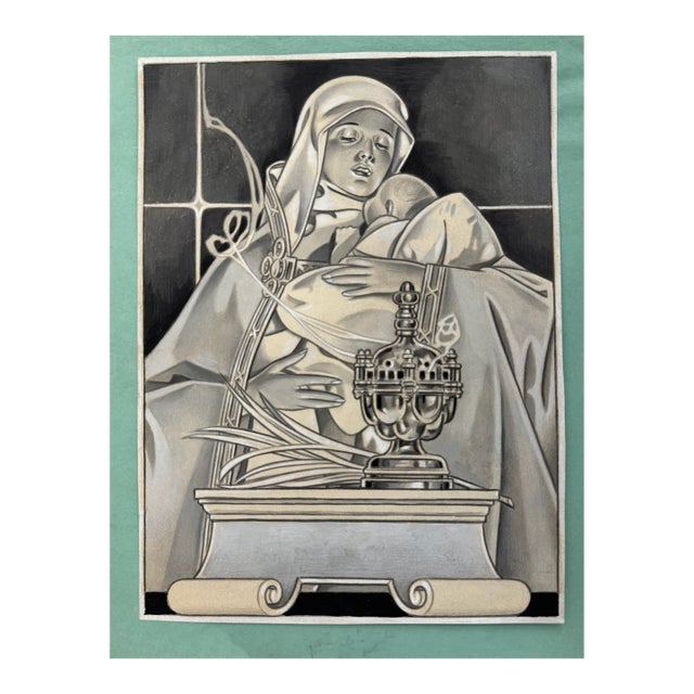 1940s Original Signed Graphite Illustration of Madonna and Child With Sanctuary Lamp, 11 × 8.5 In. For Sale