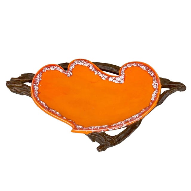 Mid-Century Atomic Porcelain Orange Wood Centerpiece Serving Platter For Sale - Image 10 of 10