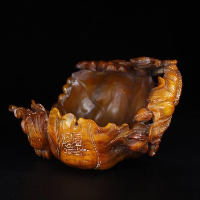 Carved Horn Brush Washer With Lotus Motif For Sale - Image 4 of 9
