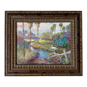 Vintage Tropical Florida Highwaymen–Style Oil on Canvas Painting With Egret, Framed