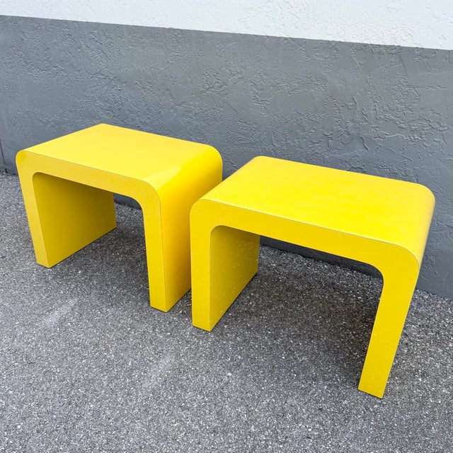 Postmodern Postmodern Yellow Gloss Laminate Waterfall Side Tables - A Pair For Sale - Image 3 of 10