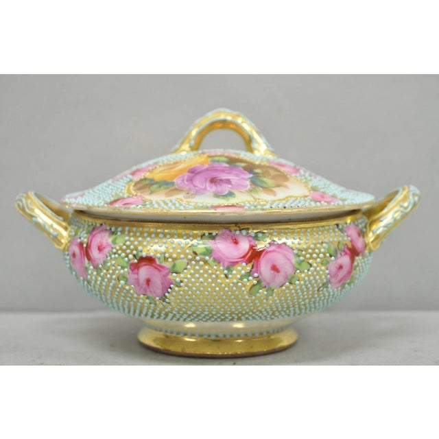 Antique Nippon Hand Painted Gold Gilt Porcelain Green Moriage Covered Sugar Bowl For Sale - Image 16 of 16