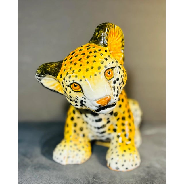 Beautiful mid century hand painted terra cotta baby leopard made in Italy. Great paint and perfect condition.