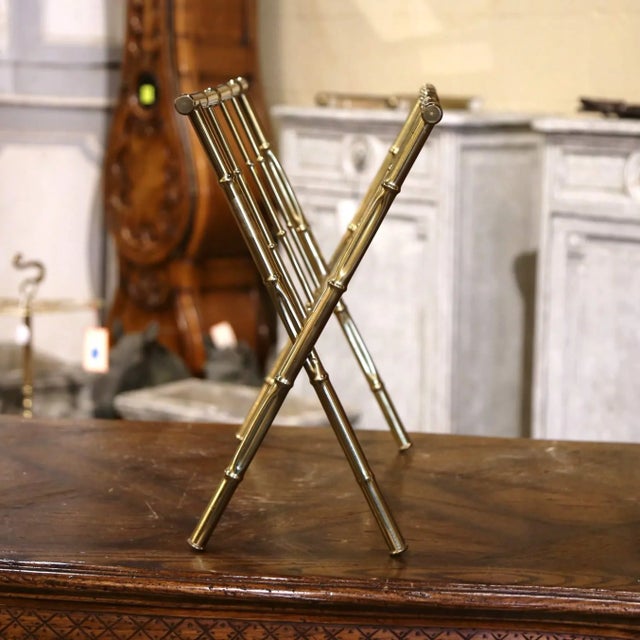 Modern Mid-Century French Faux Bamboo Brass Magazine Rack in Baguès Style For Sale - Image 3 of 8