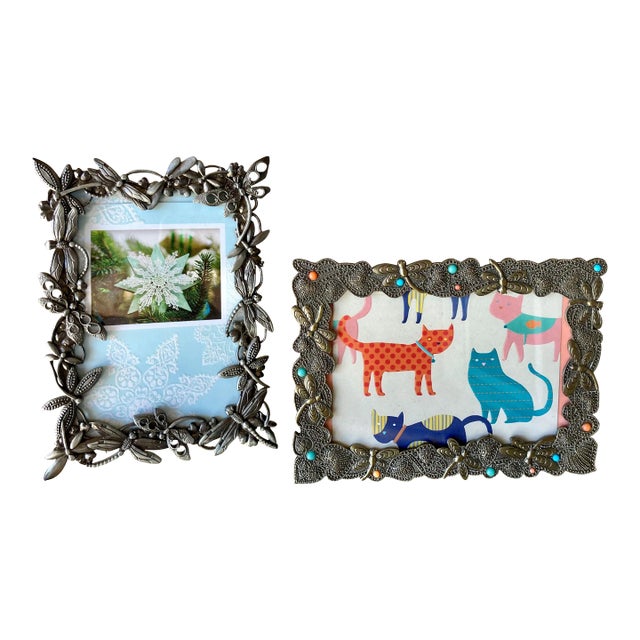 Late 20th-Century Whimsical Dragonflies Cast Metal Easel Back Picture Frames – A Pair For Sale