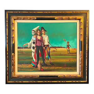 Jean Pierre Serrier, French Mod Surrealist Commedia dell'arte Circus Scene Oil Painting J.P. Serrier, c.1950's-1960's