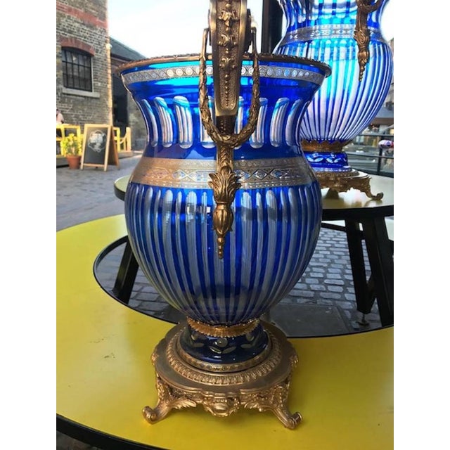 Blue 20th Century Bohemian Crystal Urns in Blue, Set of 2 For Sale - Image 8 of 9