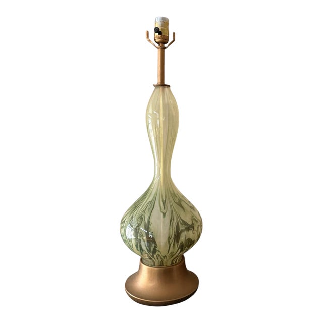 1960s Italian Empoli Style Green Swirl Art Glass Lamp, 25 Inch Marbled Glass on Brass Tone Base Table Lamp For Sale