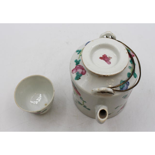 Circa 1880s Famille Rose Tea Pot & Tea Bowl in Basket For Sale In Raleigh - Image 6 of 11
