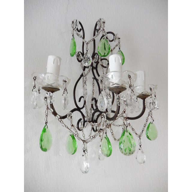 1920s 1920s Italian Rococo Green Crystal Prisms 3 Light Sconces - a Pair For Sale - Image 5 of 11