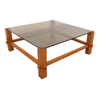 Vintage Square Italian Coffee Table in Wood and Smoked Glass from Fontana Arte, 1960s For Sale