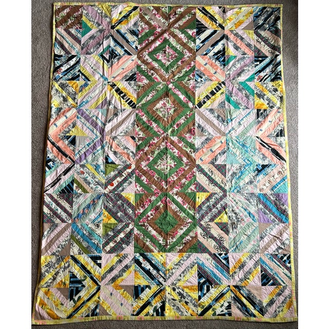Arts & Crafts Vintage Cotton Patchwork Quilt Queen Size Flannel Backing 88” X 62” For Sale - Image 3 of 8