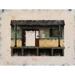 Passage by Matthew Saba | Oil on panel depiction of a building with a door and windows For Sale