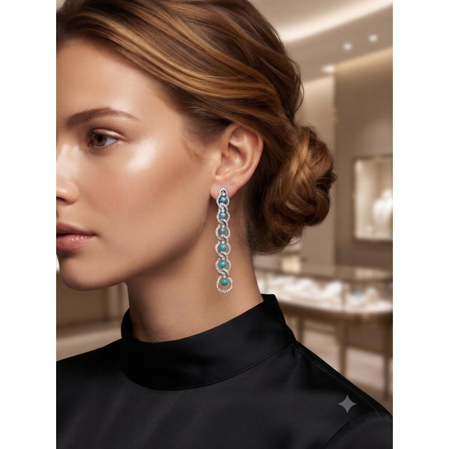 Turquoise Natural Turquoise 2.47cts & Diamond 1.86cts Earring in 14k Gold For Sale - Image 8 of 8