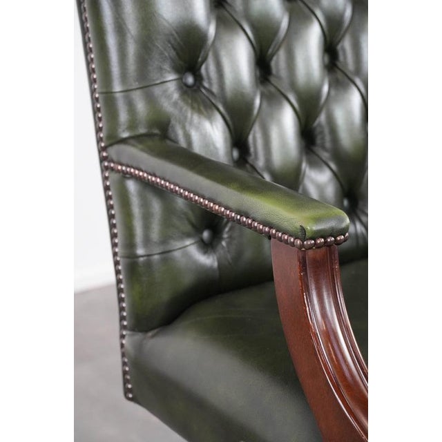 English Style Dark Green Cowhide and Wooden Chesterfield Swivel Desk Chair For Sale - Image 15 of 18