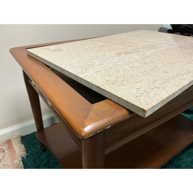 1960s Vintage Lane Perception Mid-Century Modern End Table With Basketweave Drawer and Travertine Top For Sale - Image 5 of 9