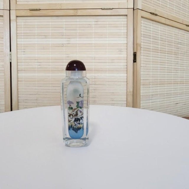Vintage Chinese Inside-Painted Glass Snuff Bottle - Playful Cats & Flowers For Sale - Image 10 of 18