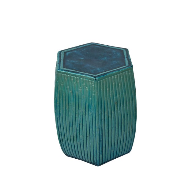 Chinese Hexagon Bamboo Theme Turquoise Green Ceramic Clay Garden Stool For Sale - Image 4 of 5