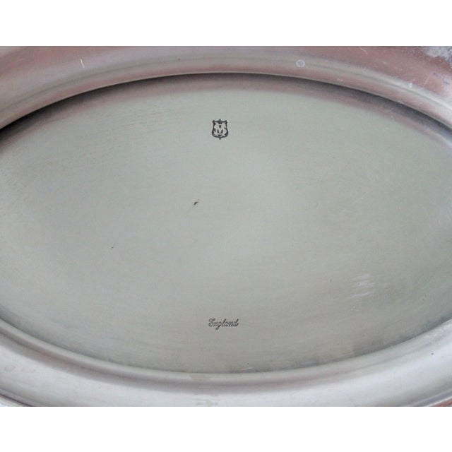 Circa 1920's English Sheffield "Georgian-Style" Large Silver Plate Oval-Shaped, Festoon & Lion Crest with Cobalt Blue Glass Insert Serving Dish For Sale - Image 11 of 13