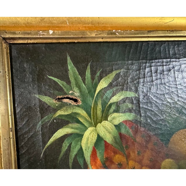 Primitive Antique Country Gilt Framed Still Life Oil Painting Canvas W Pineapple For Sale - Image 6 of 12