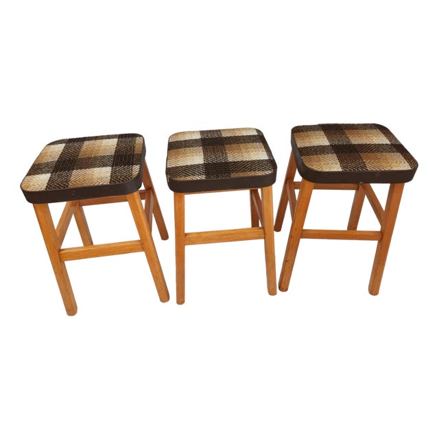 Vintage Stool English Maid Stools with Wooden Tartan Seat, 1960s, Set of 3 For Sale