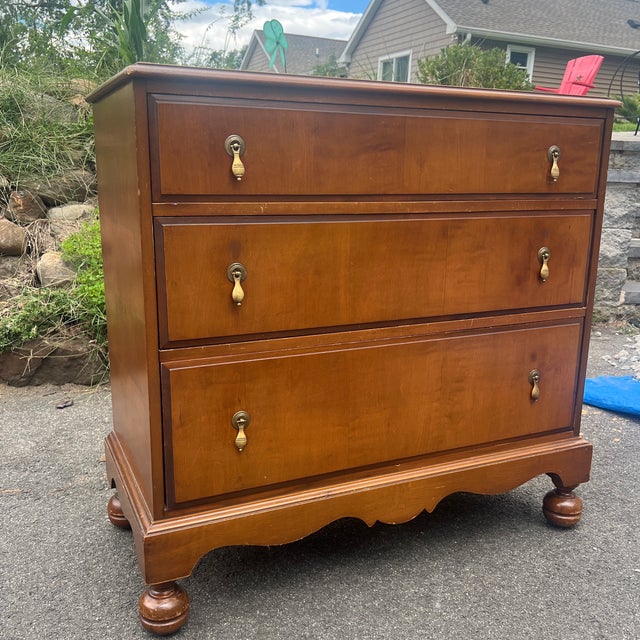 Antique Maple Wood Dresser With Teardrop Brass Hardware Chest of Drawers For Sale - Image 4 of 11