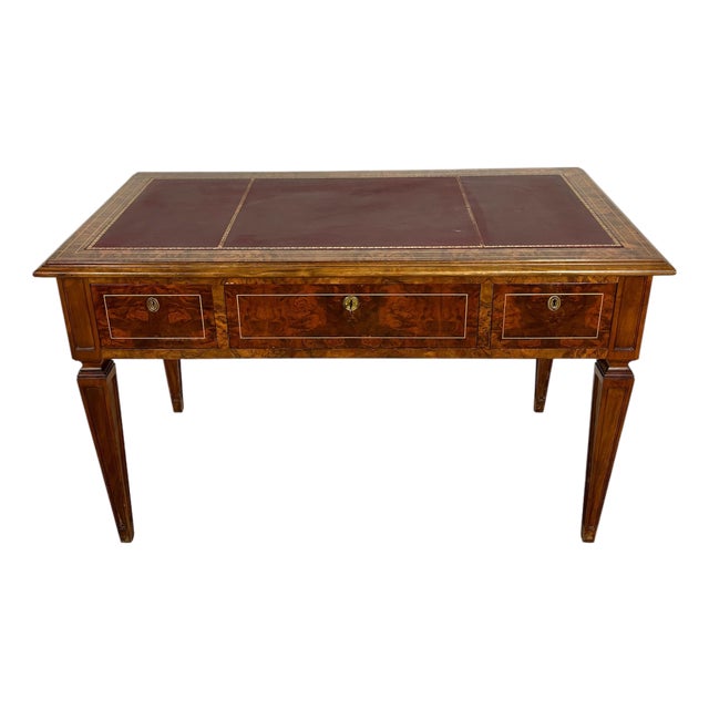 French Louis XVI Style Walnut Writing Desk With Leather Top, Early 20th Century For Sale