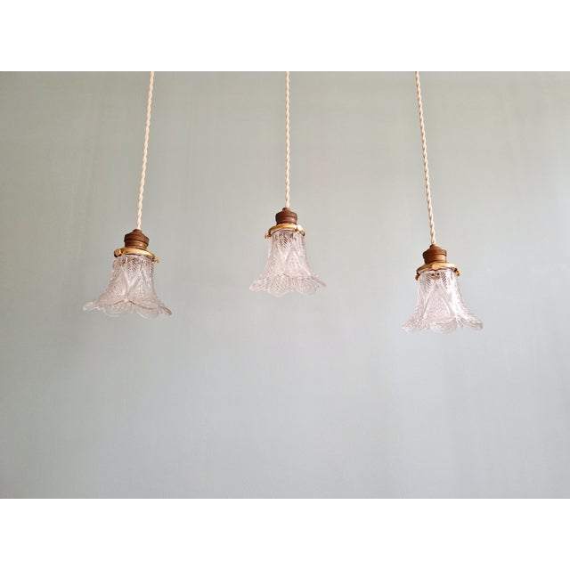 Gold Art Deco Pendant Lights in Clear Glass, 1930s, Set of 3 For Sale - Image 8 of 17