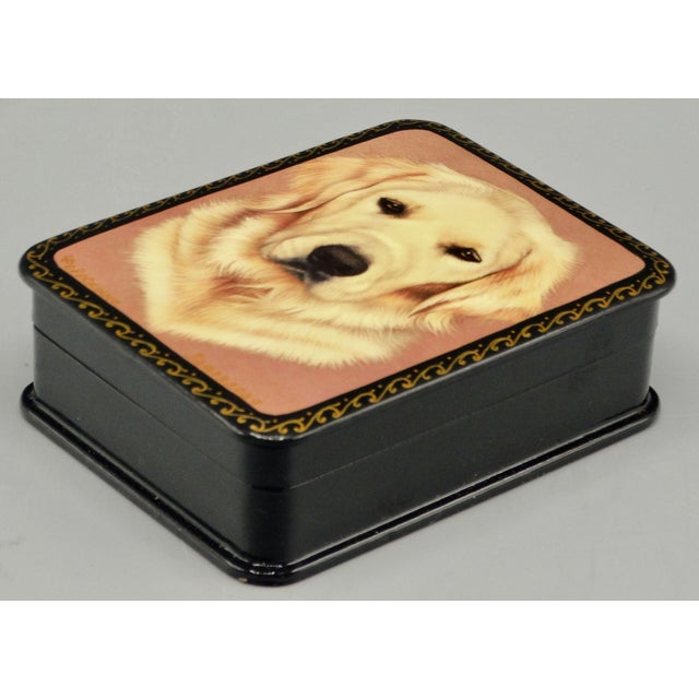 Russian Lacquer Papier Mache Box With Golden Retriever Dog Portrait For Sale - Image 9 of 12