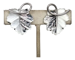 Vintage 1950s Signed Napier Rhodium Plated Clear & Frosted Glass Leaf Clip Earrings-2 Pieces
