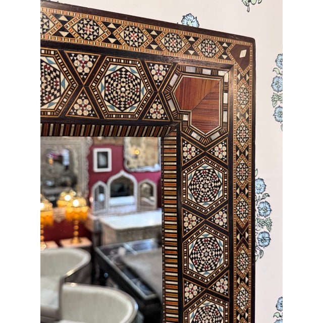 Vintage Marquetry Wood Inlay Mirror With Mother-of-Pearl Details For Sale - Image 4 of 8