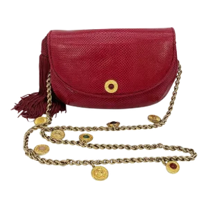 Judith Leiber Red Lizard Tassel Charm Strap Clutch Handbag