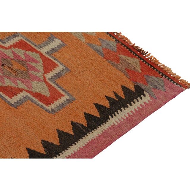 1950s Vintage Kilim Runner in Orange With Red and Beige-Brown Tribal Medallions For Sale - Image 5 of 7