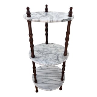 Vintage Victorian Style Three-Tier Marble & Turned Wood Plant Stand For Sale