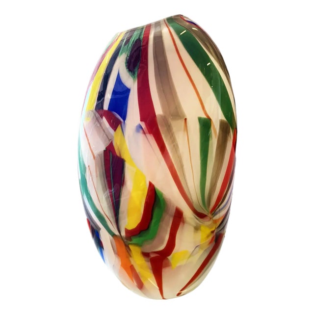 Abstract Vase in Milky-White Murano-Inspired Glass With Multicolored Reeds For Sale
