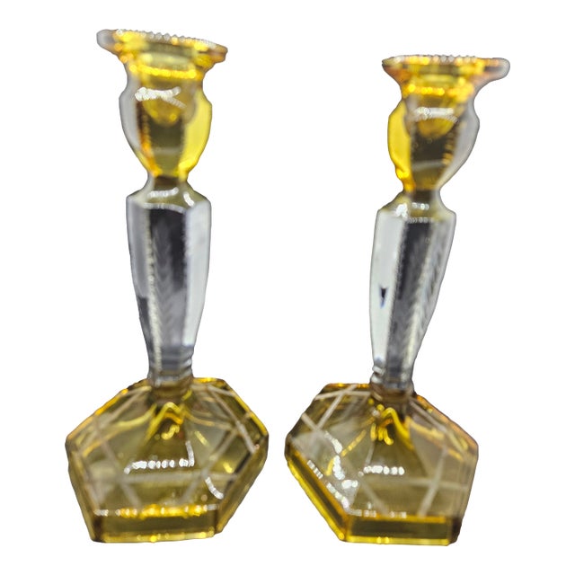 Pair, Vintage Etched Yellow and Transparent Glass Candles Holders For Sale
