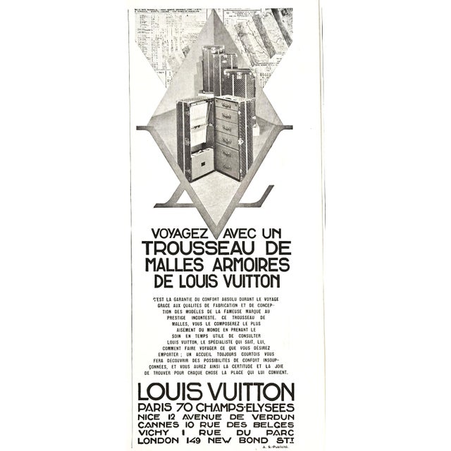 This is an original pair of 1930 French Art Deco advertisement prints for Louis Vuitton luxury travel products. They are...