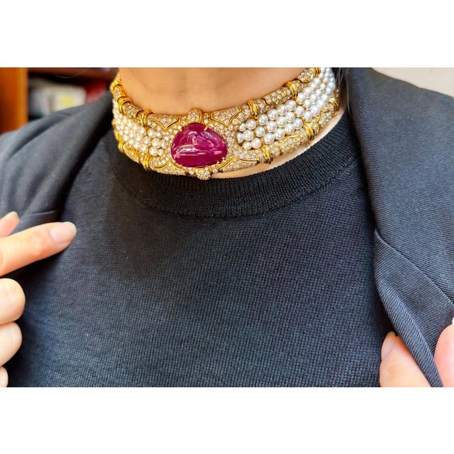 Vintage 45 Carat No Heat Ruby, Diamond, and Pearl Cuff Choker Necklace For Sale - Image 9 of 9