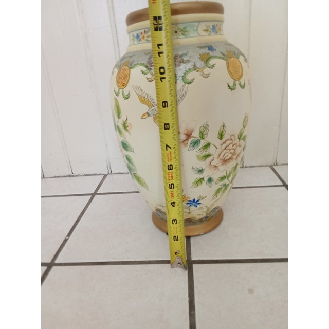 Beige Antique Toyo Satsuma Textured Hand Painted Elegant Flying Birds Vase 13 Inches For Sale - Image 8 of 9
