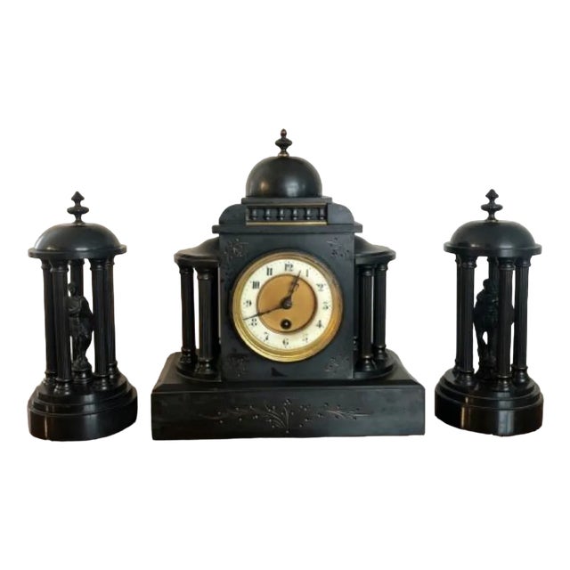 Antique Victorian 8 Day Movement Marble Clock Set, 1860, Set of 3 For Sale