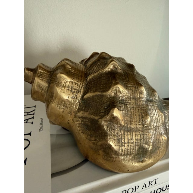 Hollywood Regency Vintage Solid Brass Seashell Sculpture — Large Coastal Modern Decorative Object For Sale - Image 3 of 4