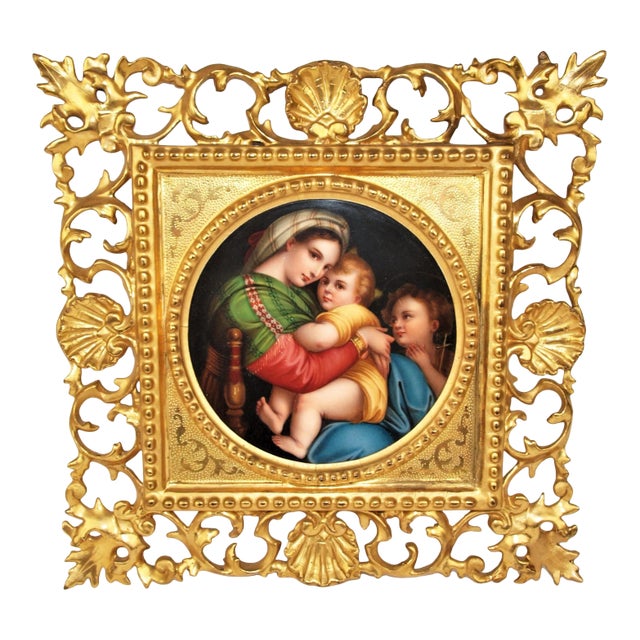 1920s Hand Painted Tile of the Madonna Della Seggiola, Framed For Sale