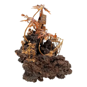 Tiki Island Sculpture Metal Art Large Palm Trees Hula Girls Dancing Guitar Ooak Lava Rock 14 Inch