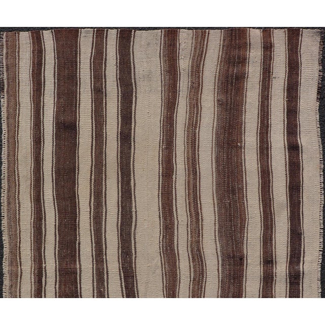 Vintage Turkish Kilim Rug in Ivory and Deep Brown Striped Design For Sale - Image 4 of 10